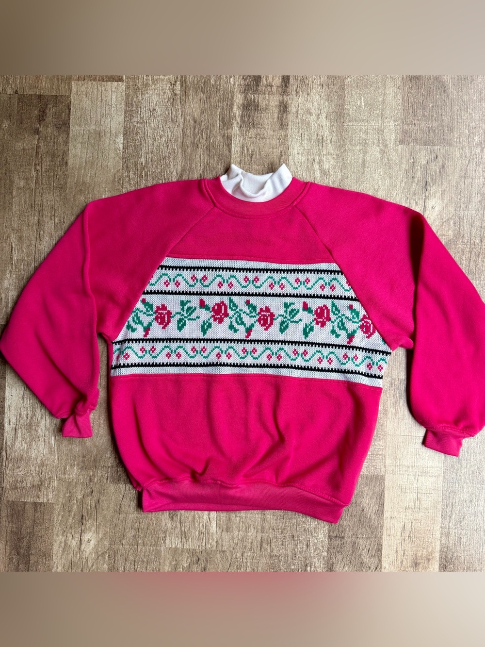 Vintage 80s 90s Hot Pink Floral Jacquard Band Mock Neck Sweatshirt